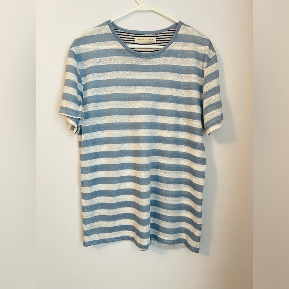 100% Linen Blue and White Stripes T shirt Men, Essential Zara, Small, loose fit
